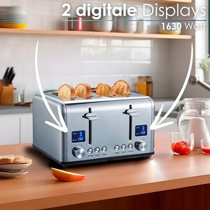 Steinborg SB-2080 4-Scheiben-Toaster, 1630W, inkl. Brötchenaufsatz, Auftaufunktion, Abbruchffunktion, Edelstahl – Bild 2