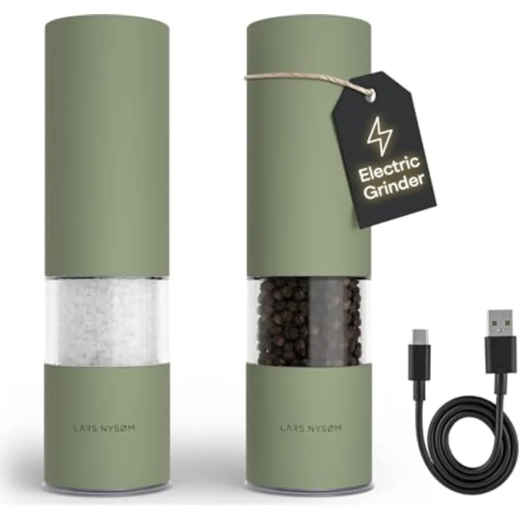LARS NYSØM Salz- und Pfeffermühle Elektrisch 2er Set, Edelstahl mit einstellbarem Keramik-Mahlwerk, USB-C wiederaufladbar, Sage Green – Bild 1