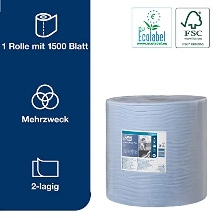Tork 130050 Starke Mehrzweck Papierwischtücher für W1 Bodenständer- und Wandhalter-System / 2-lagige Papierrolle in Blau / Premium Qualität / 1 x 510 m – Bild 2