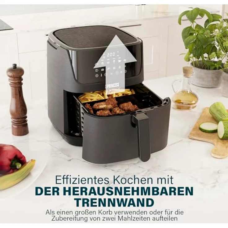 Princess Digitale Heißluftfritteuse – 6,5 L mit herausnehmbarer Trennwand – 60 Prozent weniger Energieverbrauch – Digitaler Touchscreen – 12 Programme – Ohne Öl – Schwarz – Bild 5