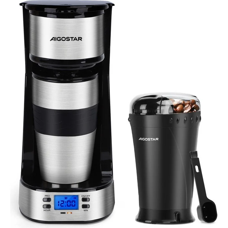 Aigostar Kaffeemaschine mit Mahlwerk und 24h-Timer, inklusive Edelstahl-Thermobecher und AutoClean-Funktion, kompakt und vielseitig