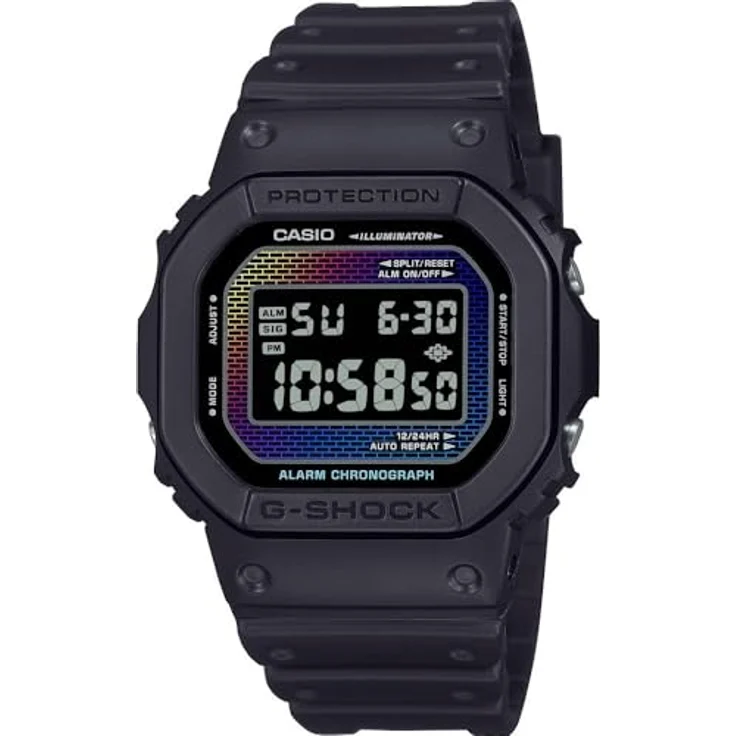 Casio Watch DW-5600RW-1ER, Digitaluhr mit Regenbogenfarben und Kalenderfunktion, Schwarz – Bild 1