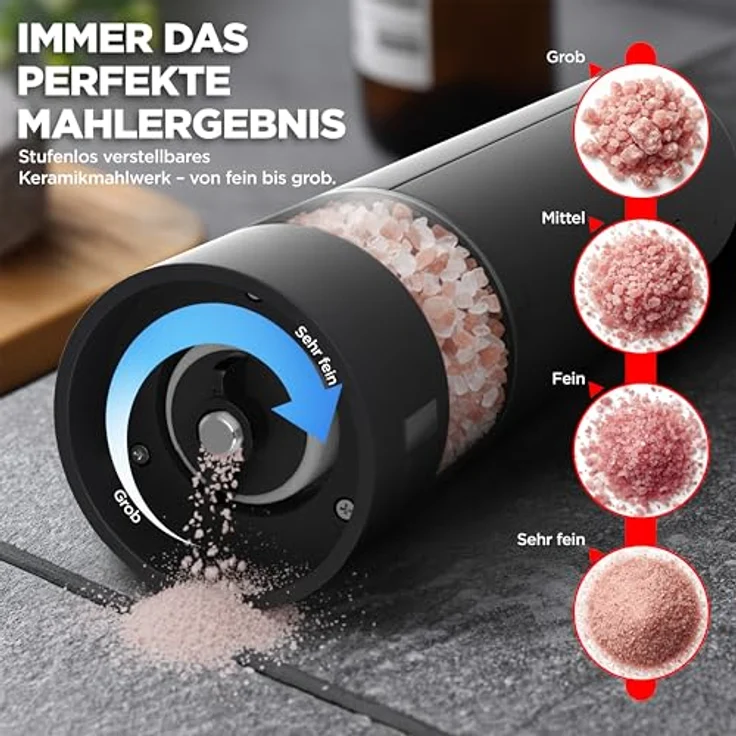 LUNARIA Elektrische Gewürzmühle [PREMIUM] – Wiederaufladbare Pfeffer- und Salzmühle mit einstellbarem Mahlgrad, LED-Beleuchtung und hochwertigem Design für Küche & Tisch – Bild 4