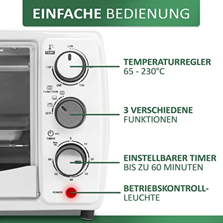 Mini Backofen 13 Liter 1200 Watt Pizzaofen 65°-230°C Timer aufklappbares Krümelblech Minibackofen Kleiner Oven – Bild 2