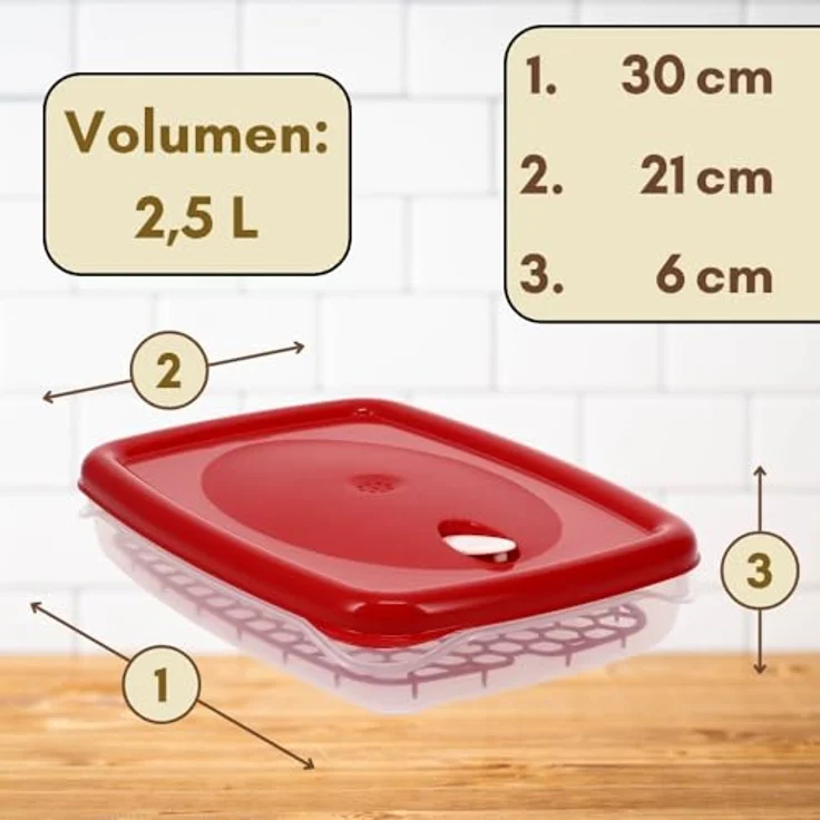 GarPet 4er Set Frischhaltedosen mit Abtropfgitter und Dampfventil, luftdicht, 2,5 L, transparent mit rot/grünem Deckel – Bild 2