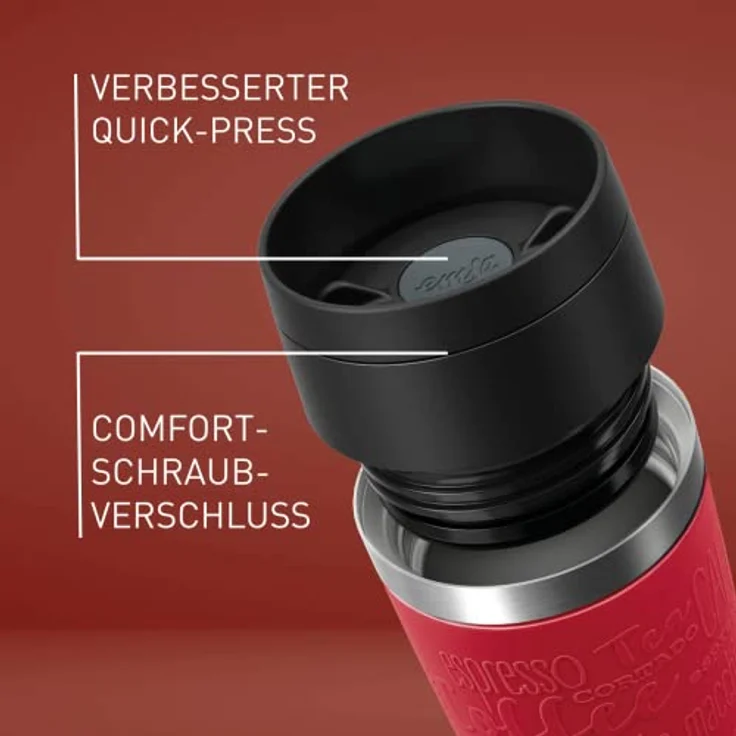 Emsa N20204 Travel Mug Classic Isolierbecher 0,36 Liter | neuer Komfort-Schraubverschluss | Edelstahl | 4h heiß und 8h kalt | 100% dicht | spülmaschinenfest | 360°-Trinköffnung | Dunkelrot – Bild 3