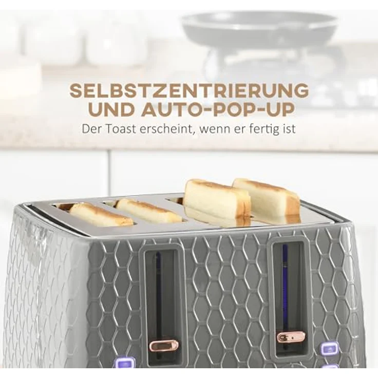 HOMCOM Toaster Kocher-Set, 4 Schlitze für 4 Scheiben, 2200 W, automatische Abschaltung, Auftau- & Aufwärmfunktion, Beige – Bild 5