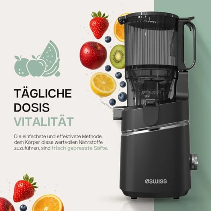 4Swiss WB025 Slow Juicer, Kaltentsafter mit 13 cm XXL Einfüllschacht, BPA-frei, leise Saftpresse für Obst und Gemüse – Bild 2