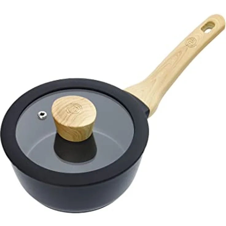 MasterChef Topf Klein mit Glasdeckel, Induktions Töpfe, Pastatopf, Suppentopf, Schwarz Aluminium-Kochtopf, Beschichtet, Holzgriff, Topfset Pfannen für alle Herdarten geeignet, Kratzfest, 18cm