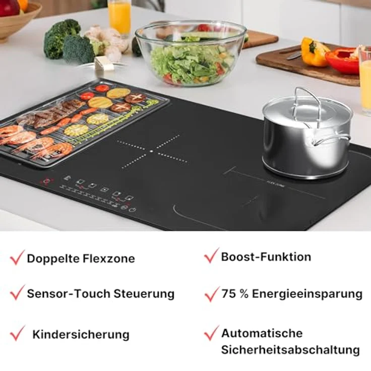 KB-ELEMENTS Induktionskochfeld 5 Platten - Induktionskochfeld 90cm, Autarkes Induktionskochfeld, 10200 Watt, Rahmenlos, Touch-Bedienung,99Min Timer, Kindersicherung, Aut. Abschaltung – Bild 2
