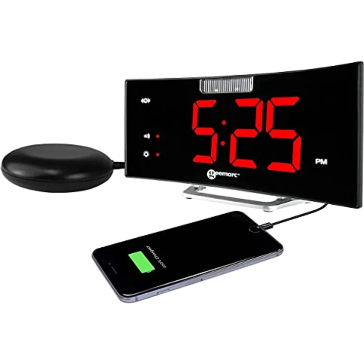 Wecker mit starkem 95dB Alarm, Vibrationskissen, großem Display und Blitzlicht - Die Geemarc Wake 'N' Shake Curve Wird Sie aus dem Tiefschlaf wecken - USB-Ladeanschluss - Version DE – Bild 1