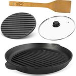 4BIG.fun Ø28cm Grillpfanne aus Gusseisen Bräter mit Pressdeckel Glasdeckel Pfannenwender Schmortopf zwei Griffe Servierpfanne Grill, Schwarz