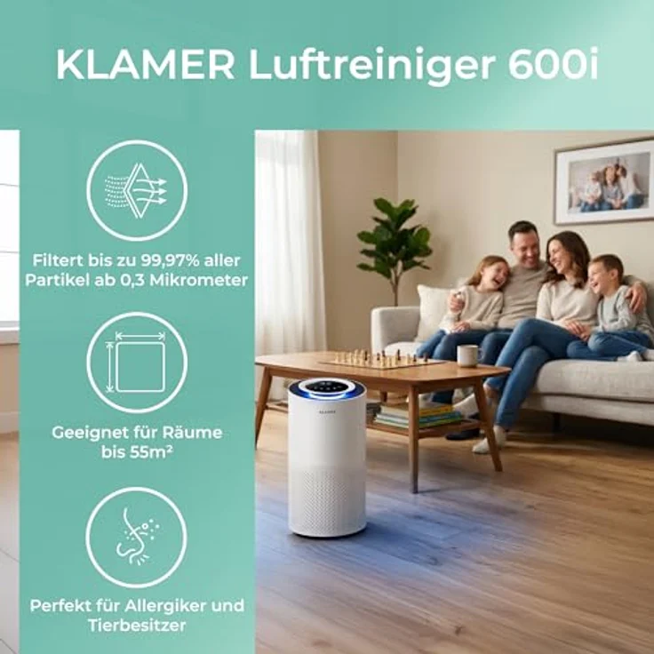 KLAMER Luftreiniger 600i, HEPA Filter mit 450 m³/h CADR, für Räume bis 55m², entfernt 99,9% Pollen, Staub, Viren und Allergene, 3 Modi inkl. Automatikmodus – Bild 2