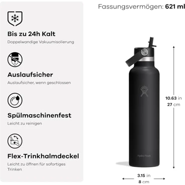 Hydro Flask Standard Flex Straw Cap 621ml, Edelstahl, auslaufsicher, isoliert kalt 24 Stunden, Becherhalter kompatibel, Harbor Blue – Bild 2