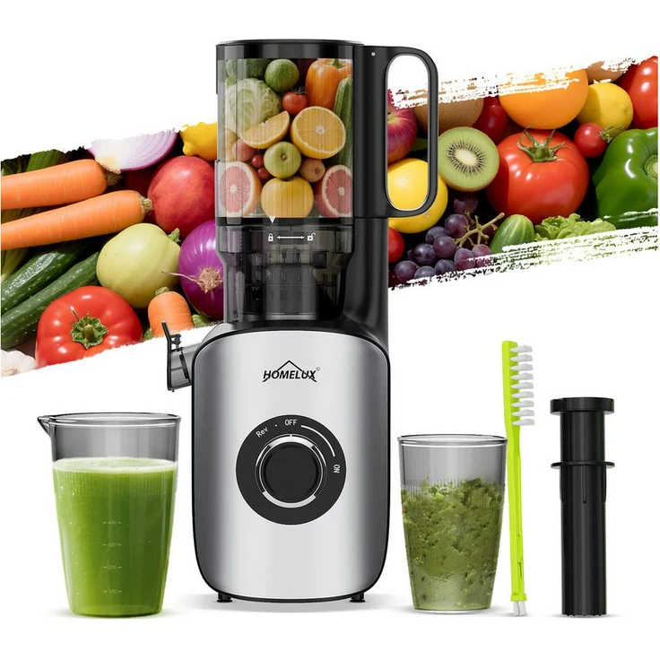 HOMELUX Slow Juicer, Entsafter mit 126mm Einfüllöffnung für ganze Früchte, 220W, BPA-frei, hohe Saftausbeute, inkl. 2 Bechern und Reinigungsbürste