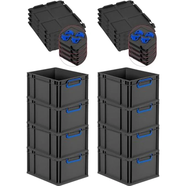 PROREGAL Eurobox NextGen Color SuperSparSet 8x mit Auflagedeckel, 20L, Schwarz, geschlossene blaue Griffe, HxBxT 22x30x40cm – Bild 1