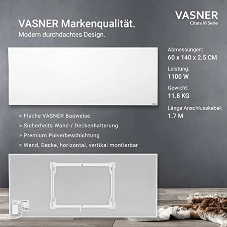 Vasner Infrarotheizung Citara M, Metall, 1100 W, 140x60 cm, Infrarotheizung – Bild 2
