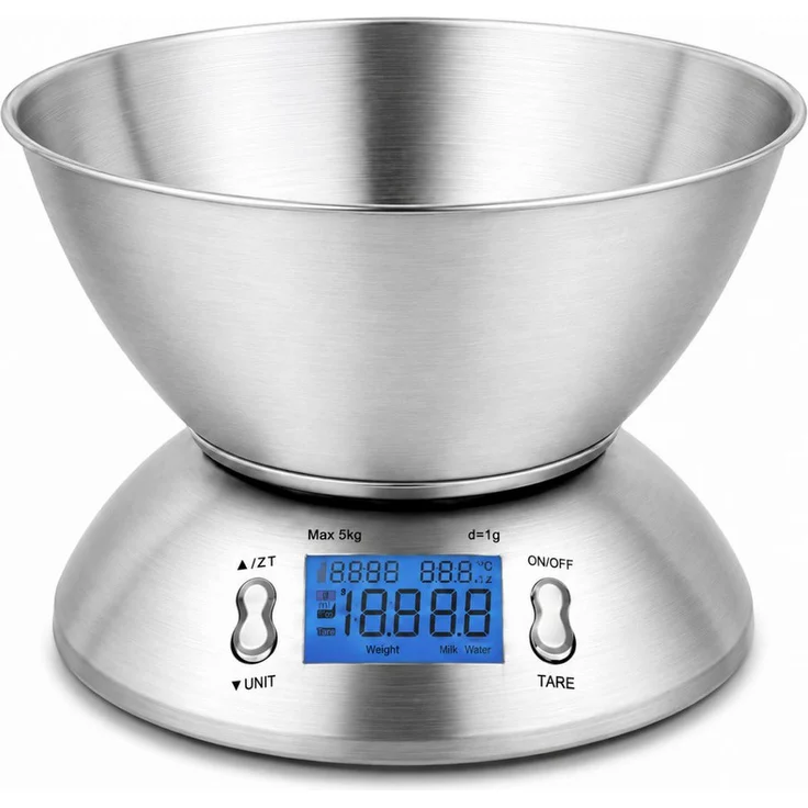Platinet Küchenwaage PBSKB, digitale Waage mit 1,8-L-Edelstahlschüssel, Tara-Funktion, Timer und Temperaturanzeige, max. 5 kg