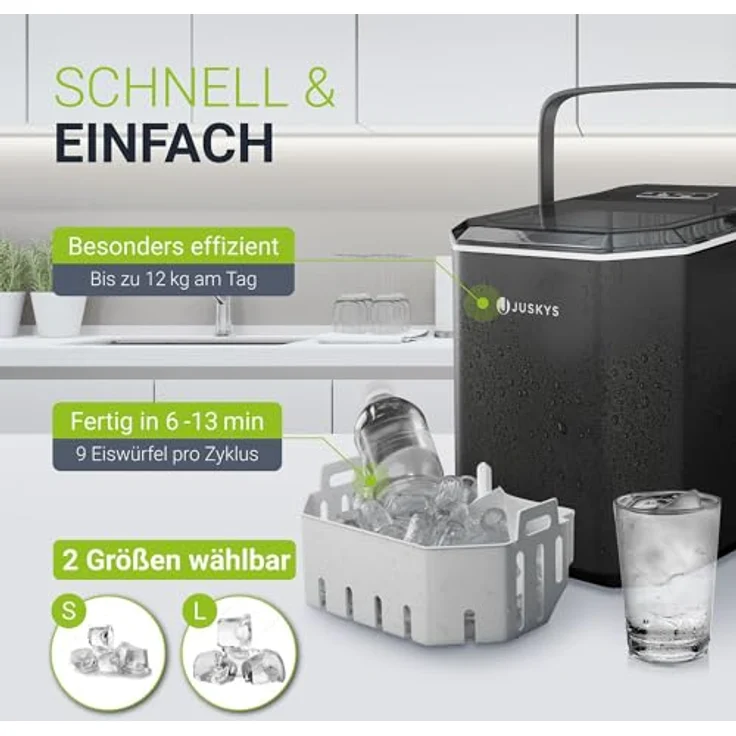 Juskys Eiswürfelmaschine IceOracle, Schwarz, 2 Größen, bis zu 12 kg pro Tag, mit Selbstreinigungsfunktion – Bild 4