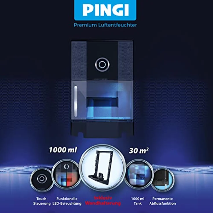 Pingi Vida2 Luftentfeuchter, inkl. Wandhalterung, bis 30 m², 18 W, 1 L Volumen, Tankbeleuchtung, Nachtmodus, Schwarz (CXTV-N1000EU) – Bild 4