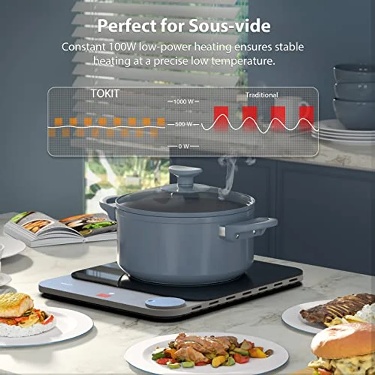 TOKIT Induktionskochplatte automatische Topferkennung 2100W 1-Tasten-Steuerung 16mm ultra-dünn Sous-Vide Kristall-Oberfläche Anti-Kratzer-Grau – Bild 3