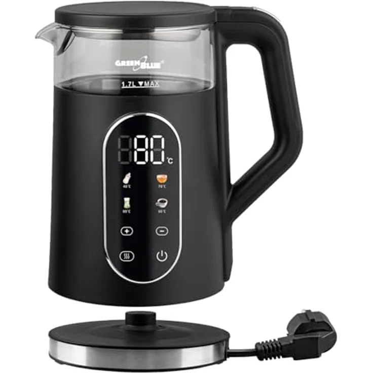 GreenBlue GB670 B, Kabelloser Wasserkocher 1,7 L mit Temperaturwahl, Glasbehälter, 2200 W, schwarz – Bild 2