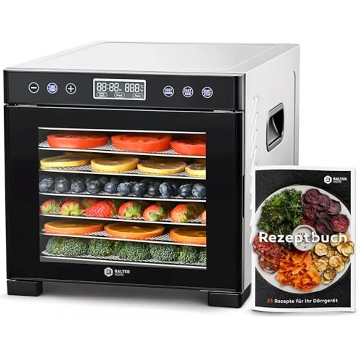 Balter Dörrautomat DA-108, Edelstahl Dörrgerät mit 7 Einlegefächern, 600 W, 35°–75°C, Timer bis 48 Std, BPA-frei, Warmhaltefunktion, inkl. Rezeptbuch