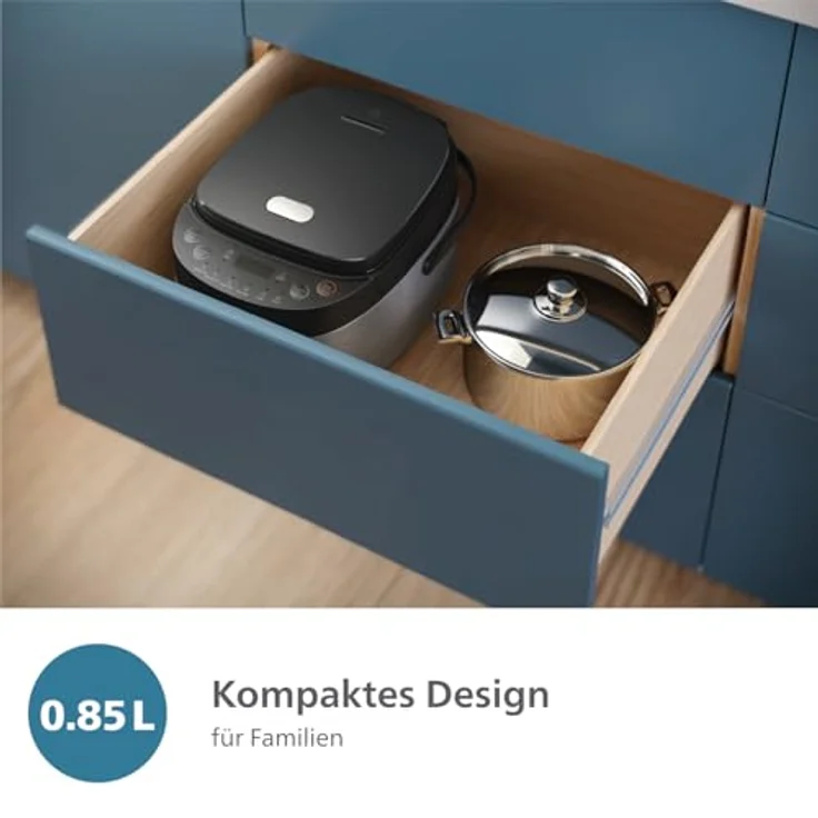 Philips 3000 HD3093/80, Reiskocher für 2-3 Personen, Schwarz/Silber, 0,85 l, 600 W, 8 Programme, Antihaftbeschichtung – Bild 3