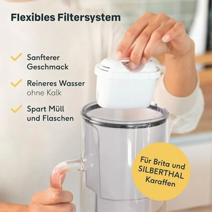 SILBERTHAL Wasserfilter Glas Karaffe 2,7 Liter - Effizientes 4-stufiges Filtersystem - Kompatibel mit Maxtra - Reduziert Kalk und Chlor - hitzebeständiges Borosilikatglas - blau – Bild 4