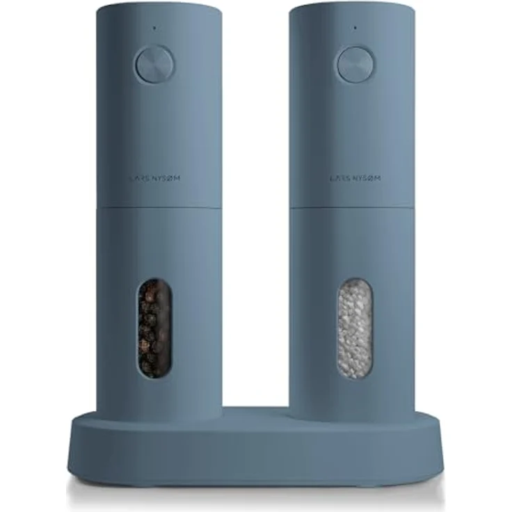 LARS NYSØM Salz und Pfeffer Mühle Elektrisch 2er Set mit einstellbarem Keramik-Mahlwerk von grob bis fein I Design Gewürzmühlenset Automatisch (2 Stück, Blue Stone) – Bild 1