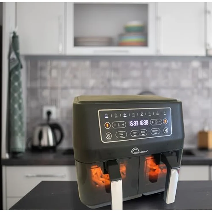 LITTLE BALANCE 8765 Crousty Light Duo, Fritteuse ohne Öl, Air Fryer, 2 Schubladen, Antihaft, PFAS-frei, 8 voreingestellte Programme, 7,6 Liter für bis zu 6 Personen, 2460 W, Schwarz – Bild 3