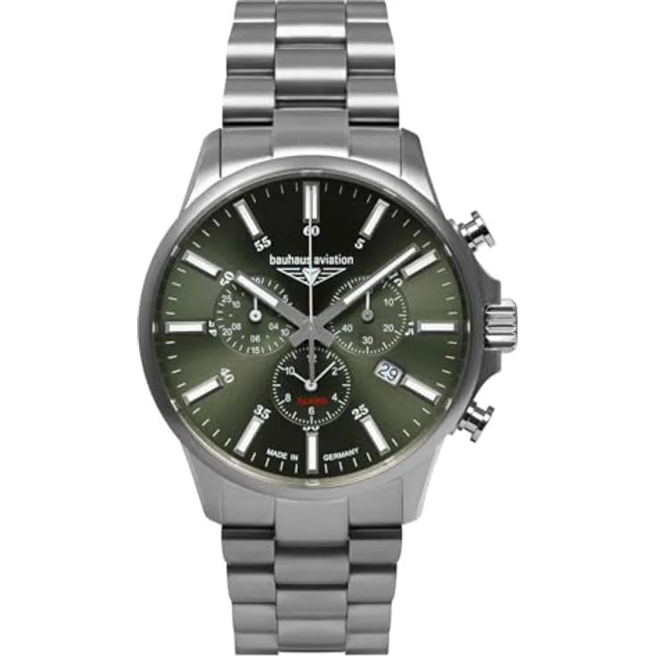 Bauhaus Herren-Fliegeruhr Chronograph Titan 2880M-4, Titan silber, grünes Zifferblatt