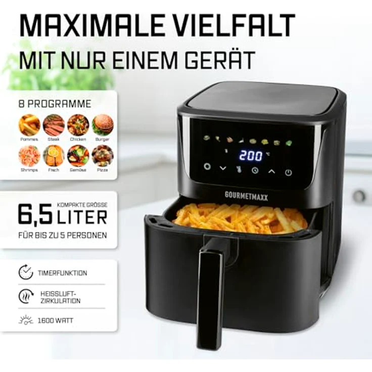 GOURMETmaxx Heißluftfritteuse 6,5 L, 1600 W schwarz – digitale Airfryer mit LED-Touchdisplay, Timer und 8 Programmen für fettfreies Frittieren, Grillen und Backen – Bild 2