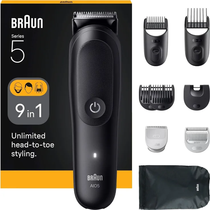 Braun AIO5540 Haarschneidemaschine Schwarz 14 Lithium-Ionen, 9-in-1 Grooming Kit, SkinGuard Technology, 100% Waterproof