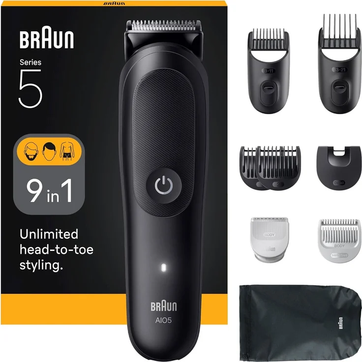 Braun AIO5540 Haarschneidemaschine Schwarz 14 Lithium-Ionen, 9-in-1 Grooming Kit, SkinGuard Technology, 100% Waterproof – Bild 1