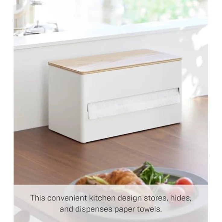 Yamazaki Küchenrollenhalter "Rin", eleganter Papier-Abroller in Weiß mit Holzablage im Querformat – Bild 2