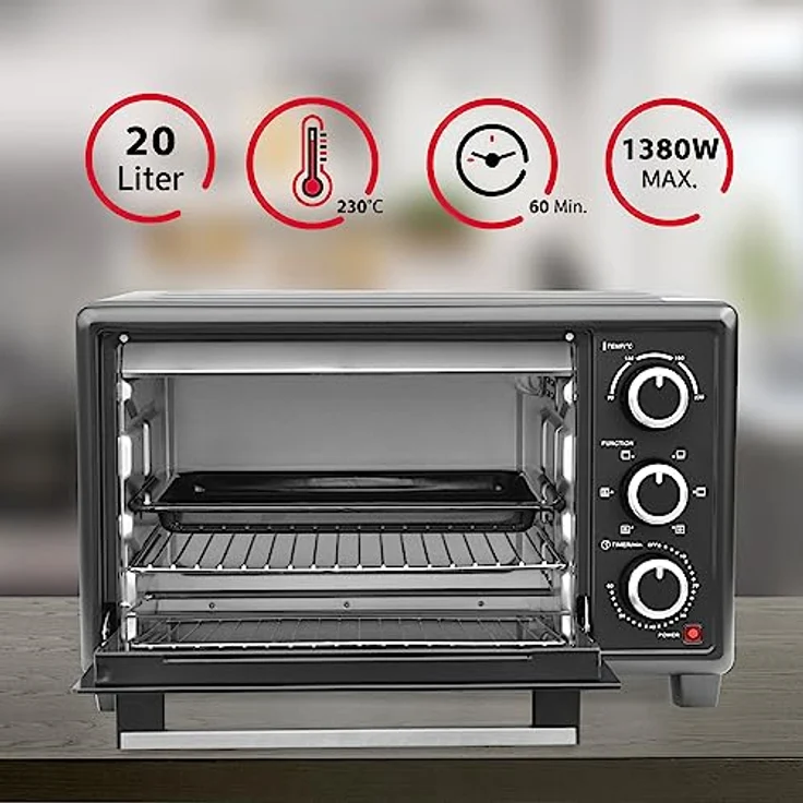OptimumX 20 L Minibackofen, Klein mini Backofen mit Umluft, 60 Min Timer, Pizza-Ofen, 1380 W, Schwarz – Bild 4