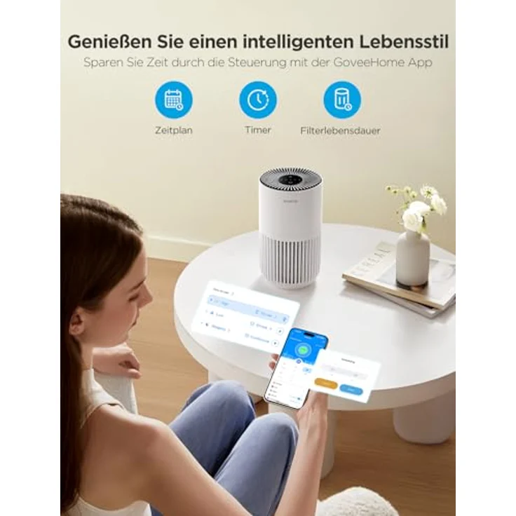 GoveeLife Mini-Luftreiniger für das Schlafzimmer, HEPA Smart Filter Luftreiniger mit Alexa App Steuerung - tragbarer Luftreiniger mit 3 Geschwindigkeiten, Timer, leiser Betrieb - Weiß – Bild 3