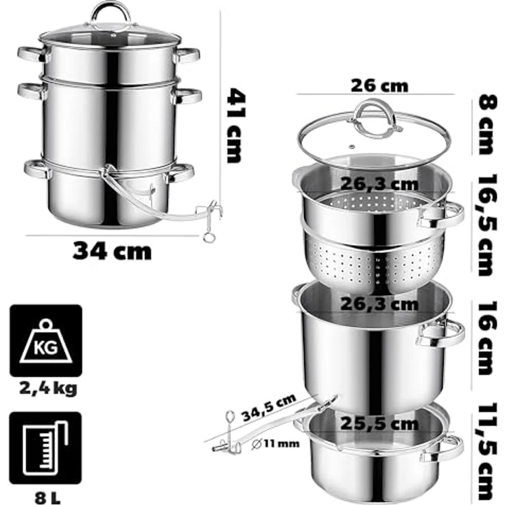 KADAX Dampfentsafter Ruka 8L, Edelstahl Universal-Entsafter mit Glasdeckel, spülmaschinengeeignet, für Gas-, Elektro-, Keramik- und Induktionsherde (Silber) – Bild 3