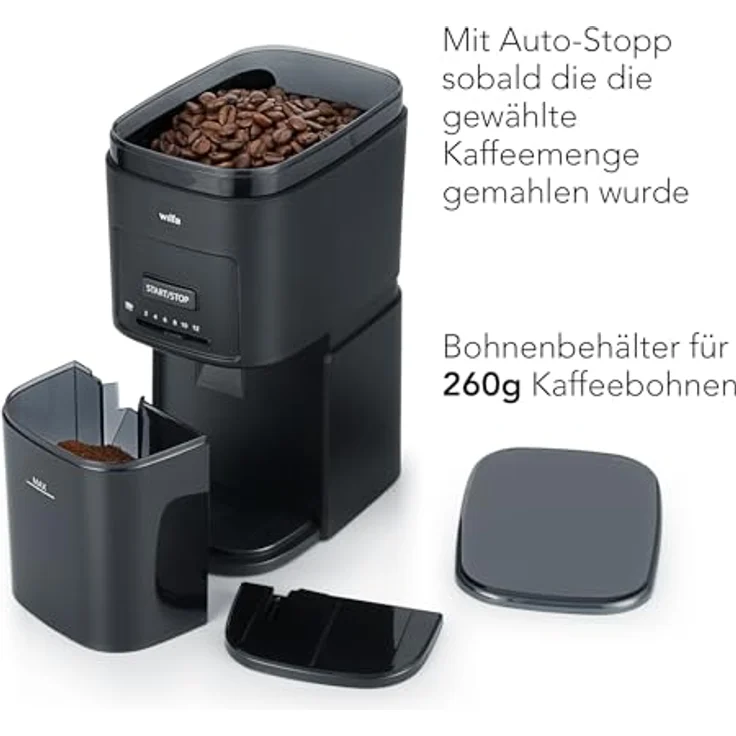 Wilfa DAILY Elektrische Kaffeemühle I Flachscheiben-Mahlwerk I 260g Bohnenbehälter I Mahlgrade fein bis grob I Einstellbare Pulvermenge für 2-12 Tassen I Überhitzungsschutz (schwarz) – Bild 5