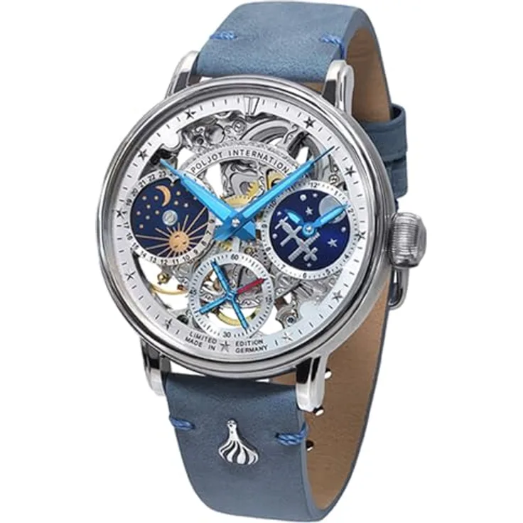 Poljot-International Herrenuhr Handaufzug Orbita, Chronograph mit silbernem Zifferblatt und grauer/türkiser Lederarmband, 9931.2940555
