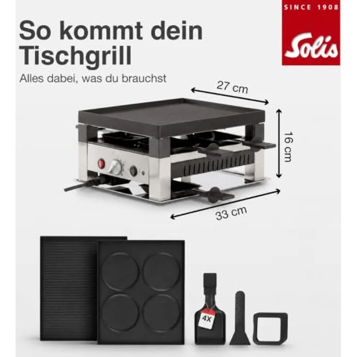 SOLIS OF SWITZERLAND Raclette & Pizza Grill for 4, Typ 7910, 1020 W, Wendbare Grillplatte, 4 Raclettepfännchen, Edelstahl, schwarz – Bild 7