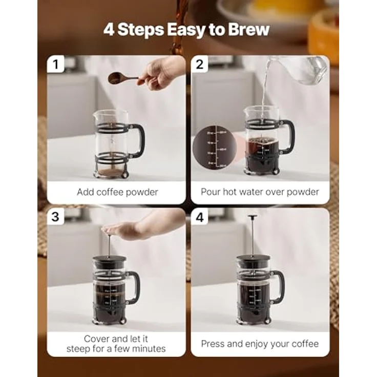 VEVOR French Press 1 L, Kaffeepresse aus Borosilikatglas mit Edelstahlfilter, vielseitiger Kaffeebereiter für Camping und Reisen, schwarz – Bild 4