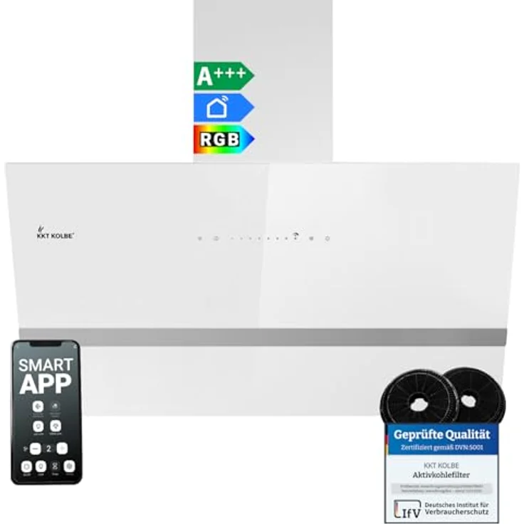 KKT KOLBE EASY9005WM Dunstabzugshaube, 90 cm, 782 cbm/h, kopffrei, Wandhaube, Weiß Glas, Smart WiFi, RGBW-LED-Beleuchtung, Energieeffizienz A+++ – Bild 1