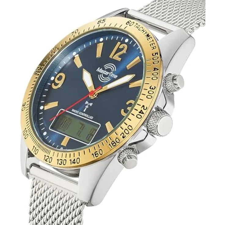 Master Time MTGA-10964-32M, Funk Quarz Herren Uhr Analog-Digital mit Edelstahl Milanaise Armband, wasserdicht bis 5 Bar, automatische Zeitumstellung, blaues Zifferblatt – Bild 2