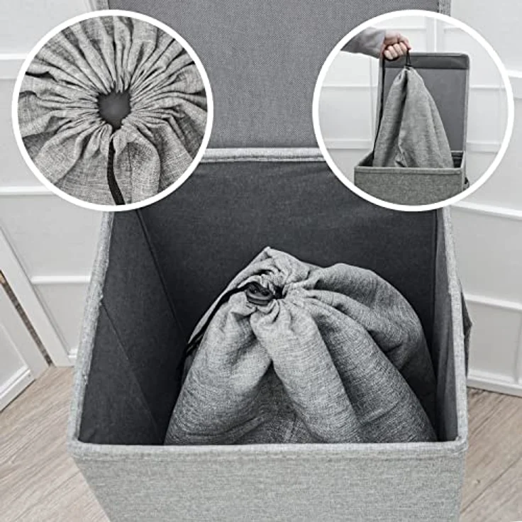 DuneDesign 50L Wäschekorb mit Deckel - Stabiler Holzrahmen - Faltbarer Wäschesammler Grau (Grau mit Deckel) – Bild 5