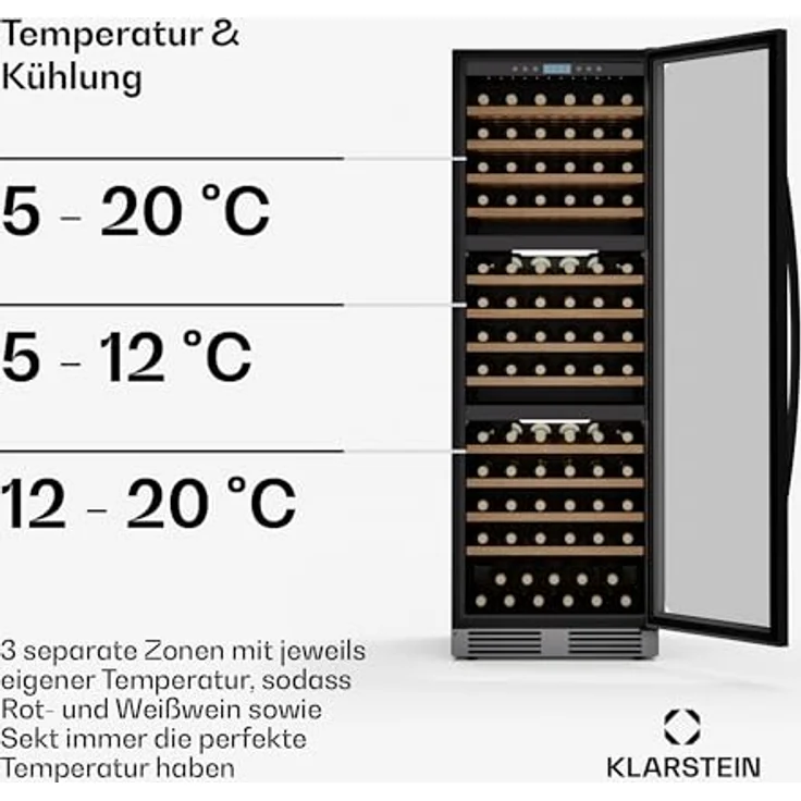 Klarstein Vinovilla Trio, Weinkühlschrank für 144 Flaschen, 3 Zonen, 38 dB, 12 Regale, Kompressor, 413 Liter – Bild 4