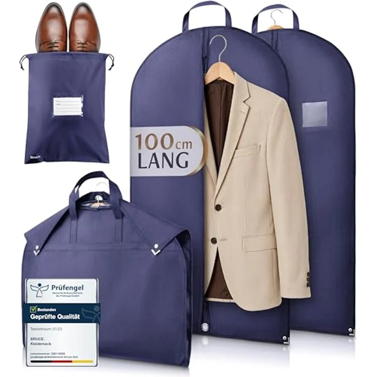 Bruce.® 2x Kleidersack Kurz 100x60 cm, atmungsaktive Anzugtaschen mit Schuhbeutel, marineblau – Bild 1