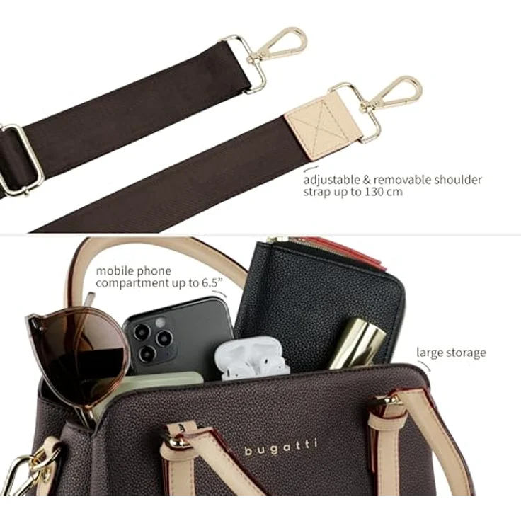 Bugatti Ella, Handtasche in Braun mit geräumigem Hauptfach, abnehmbarem Schultergurt und Smartphonefach – Bild 6