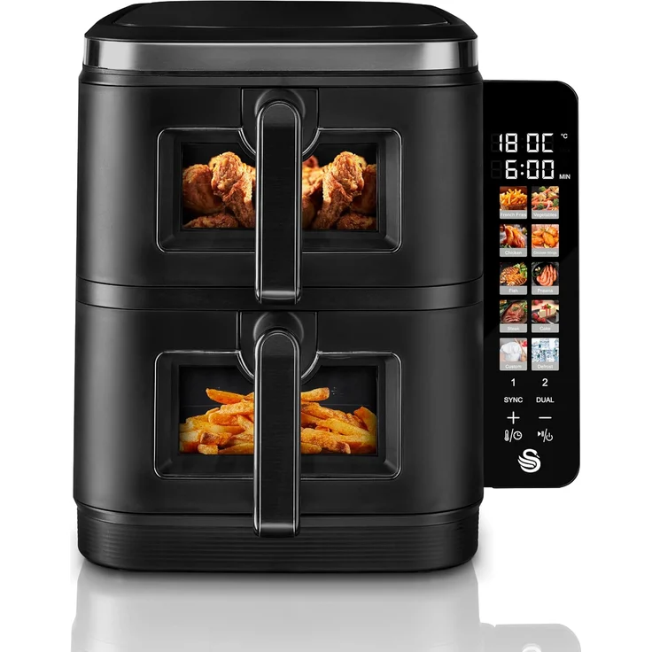 Swan 11L Duo Layer Heißluftfritteuse mit 2x 5,5L Körben, Sync- & Dual-Cook Funktion, Touch-Display, 10 Programmen und Sichtfenstern